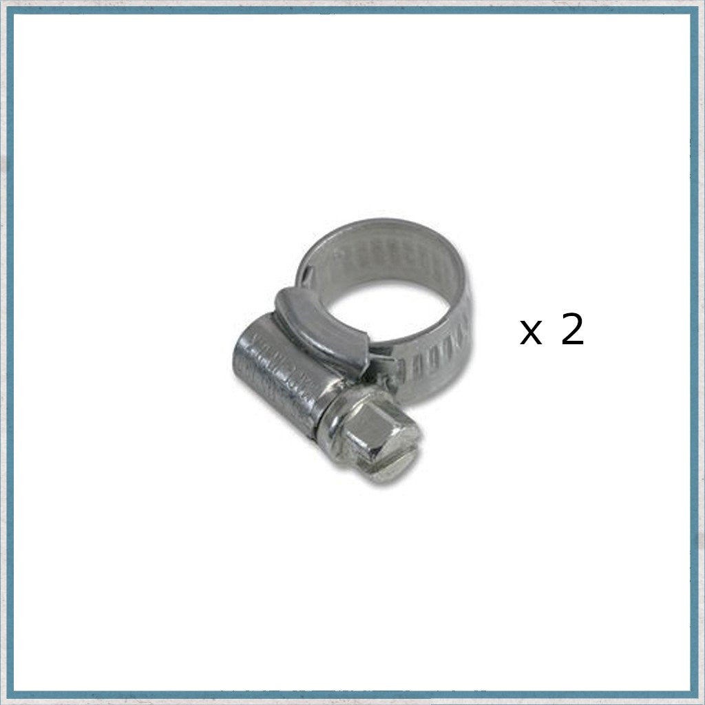 Metal hose clamp with x2 wrote beside on a white background