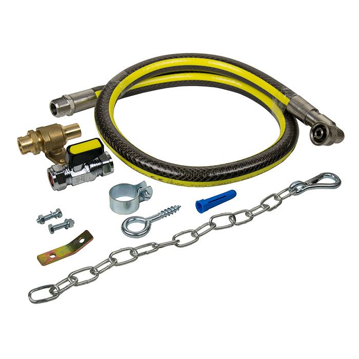 example of gas cooker instalation kit including cooker hose, stability chain, and gas fittings.