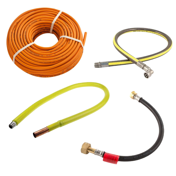gas cooker hose with angled micropoint connection. made by gfs and includes swivel head