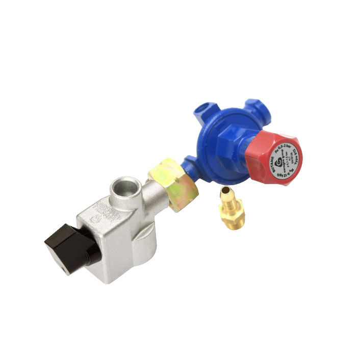 21mm gas bottle adaptor with blue butane gas regulator and an outlet nozzle