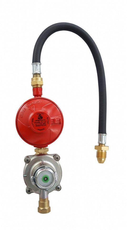 Red gas regulator OPSO with black hose on a white background