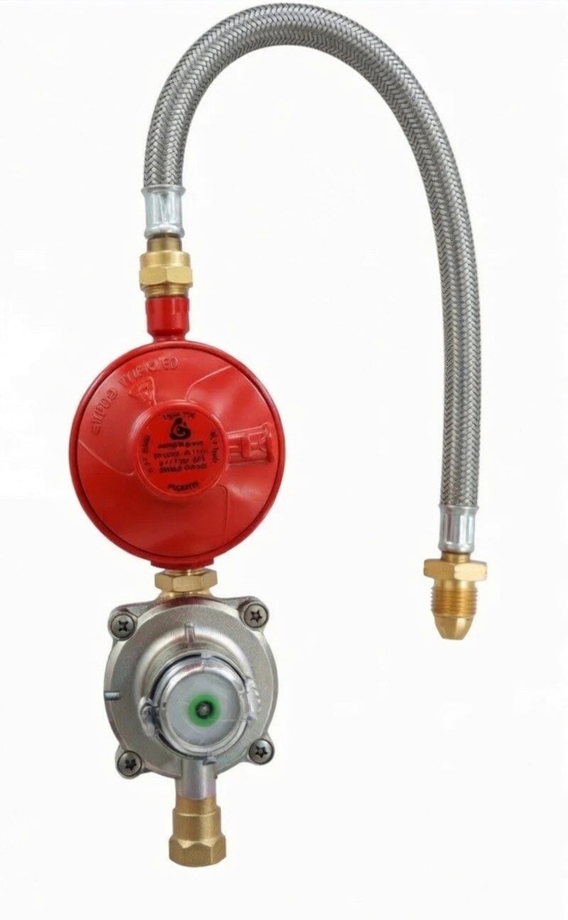 propane gas regulator fitted with opso valve and a braided pol pigtail hose.
