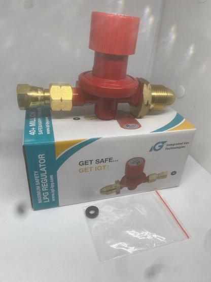 Red high pressure gas regulator with gold accents and Integrated Gas Technologies logo on a white background