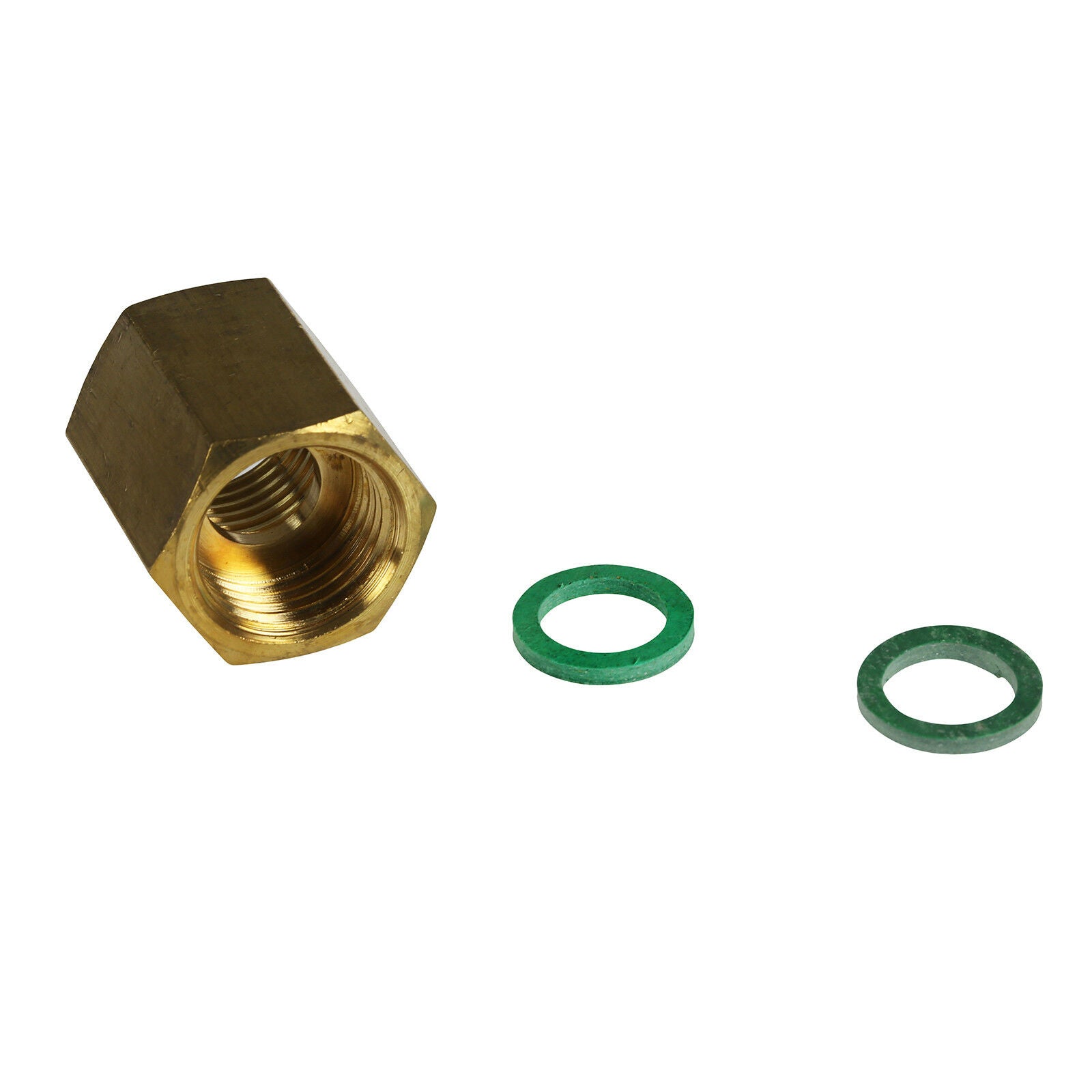 Brass cooker inlet adaptor with two green washers on a white background