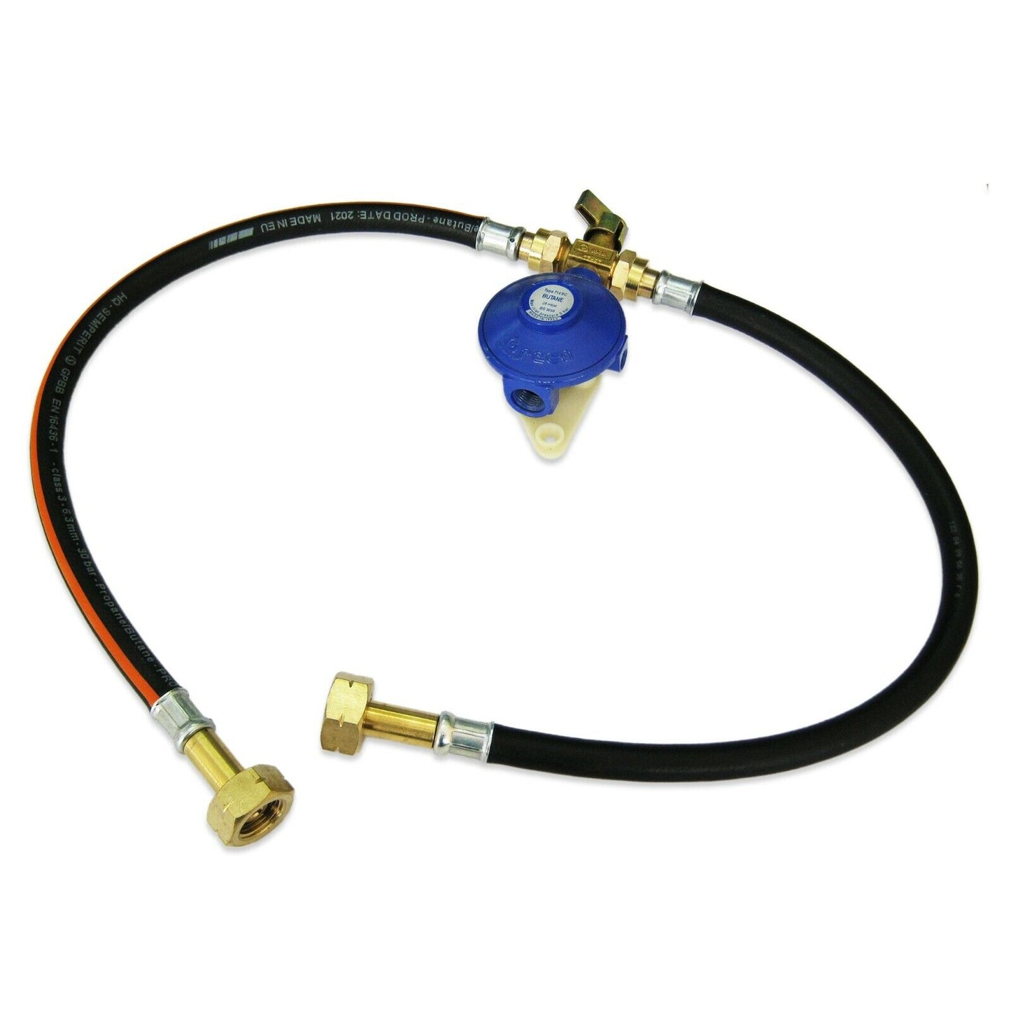 Blue gas regulator with brass manual changeover valve with two butane nut pigtail hoses on a white background
