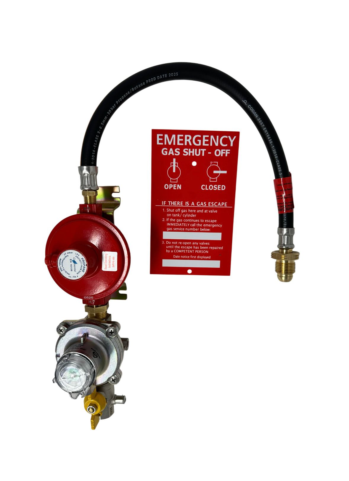 Gas regulator with hose and emergency gas shut-off sign on a white background