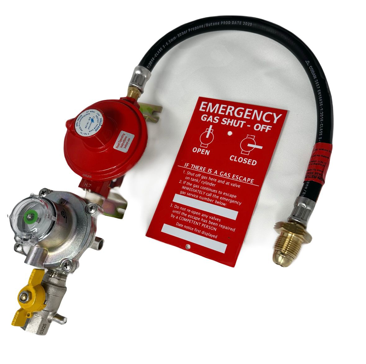 Gas valve assembly with emergency gas shut-off sign on a white background