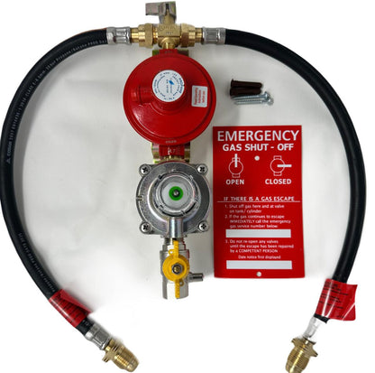 gas regulator set up for two gas cylinder set up with manual changeover valve and OPSO. two gas hose pigtails included with emergency gas safety plaque included also