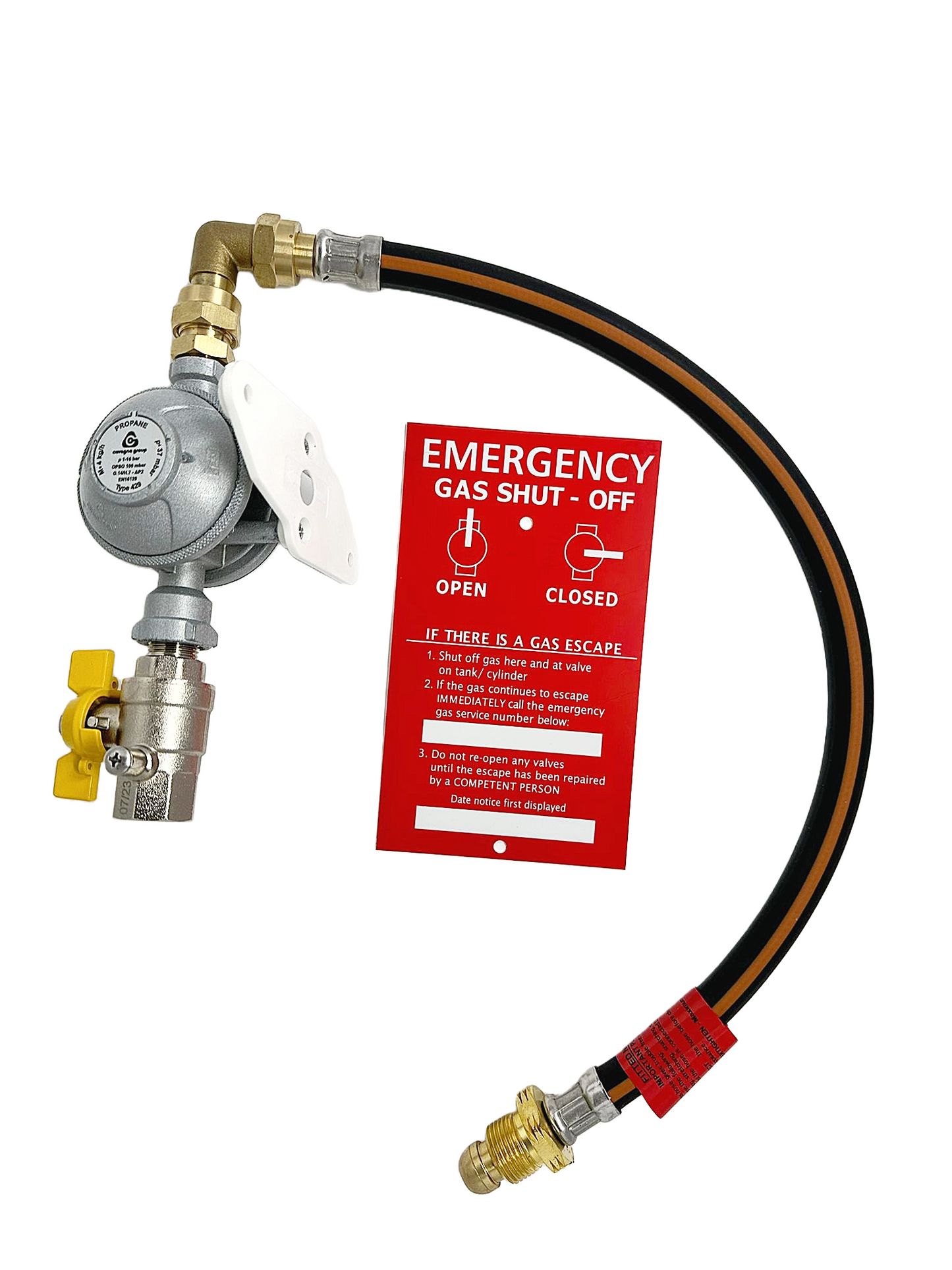 cavagna gas regulator setp for a single gas cylinder with OPSO feature, test point ball valve, gas hose pigtail and a warning safety plaque