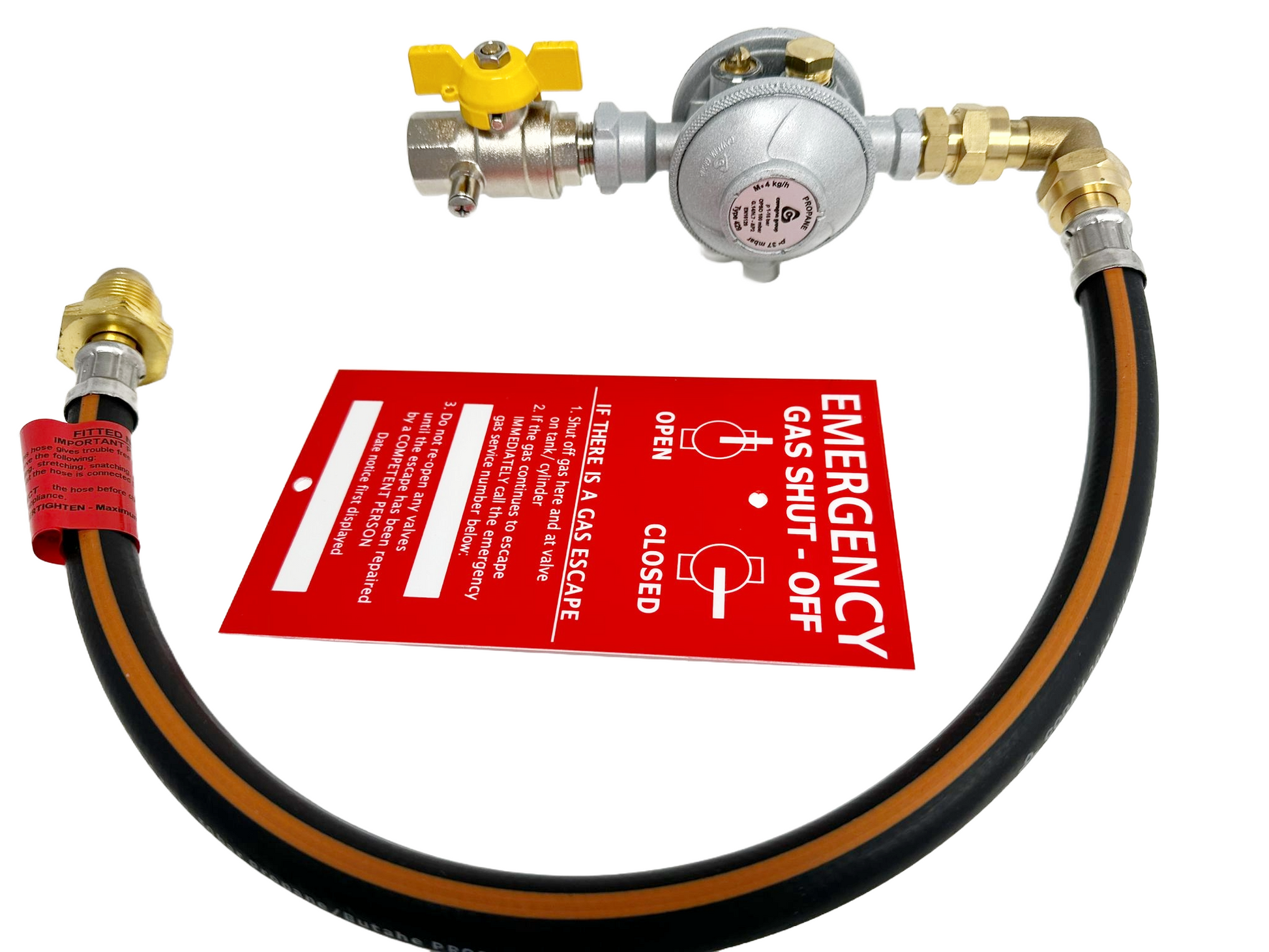 cavagna gas regulator setp for a single gas cylinder with OPSO feature, test point ball valve, gas hose pigtail and a warning safety plaque