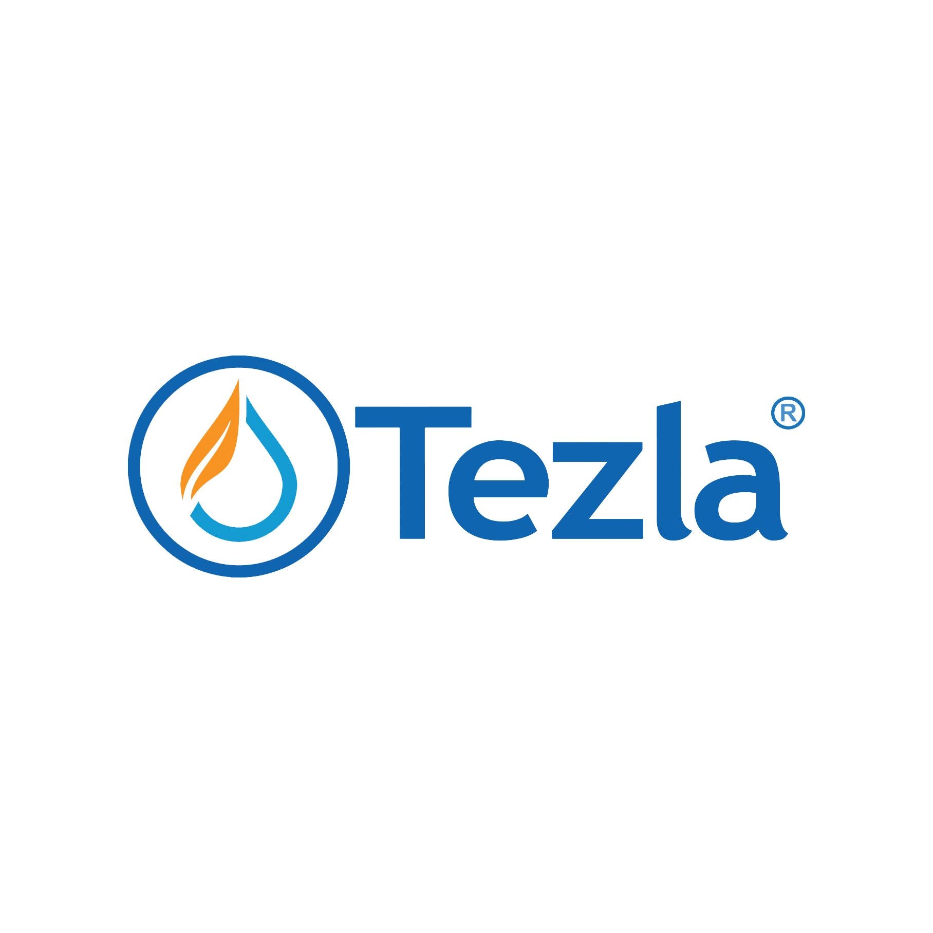 Tezla logo with a blue and orange design on a white background