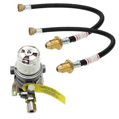 automatic changeover gas regulator suited to caravans and motorhomes complete with two gas hose pigtails POL connection
