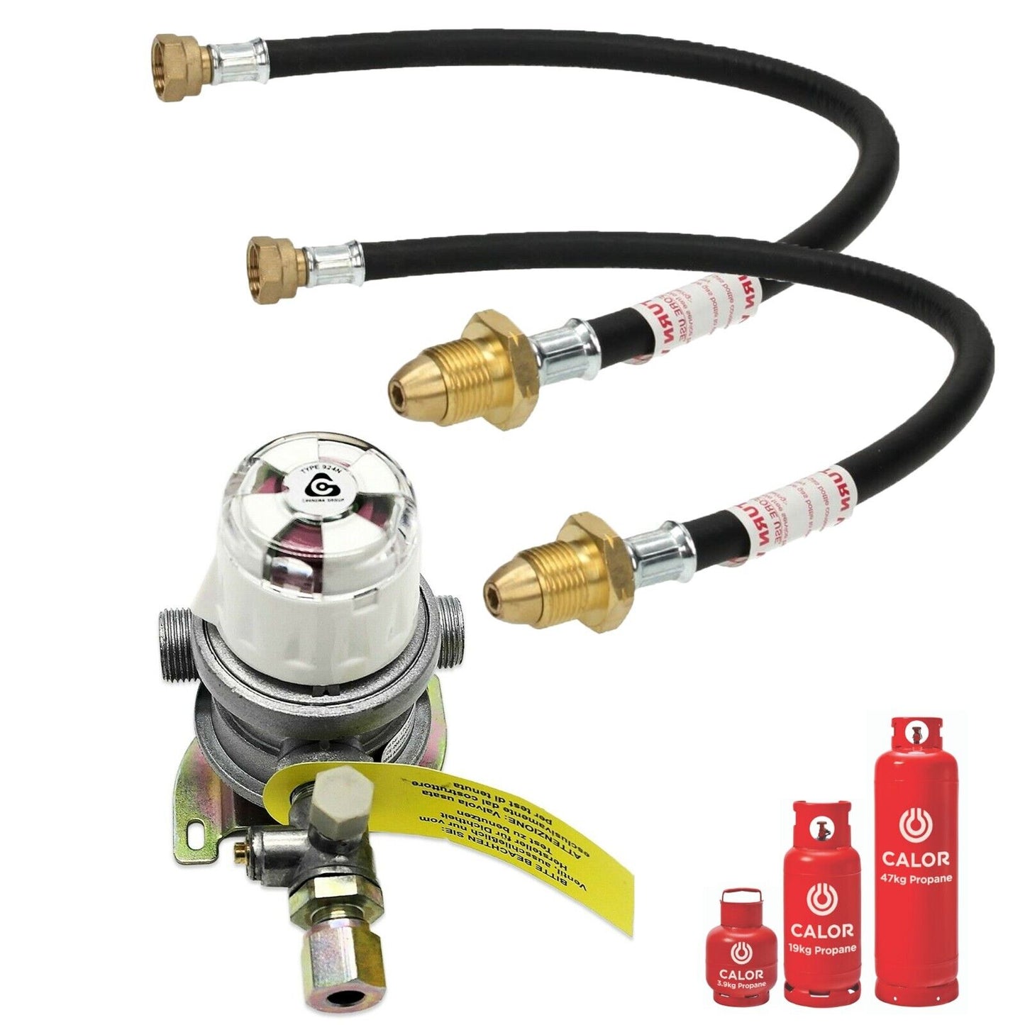 automatic changeover gas regulator suited to caravans and motorhomes complete with two gas hose pigtails POL connection and examples of gas cylinders pictured below