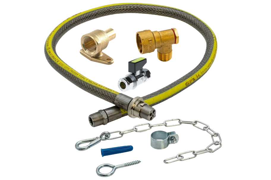 gas cooker instalation kit with bayonet hose, socket, ball valve, backplate and stability chain