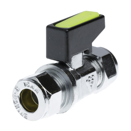 Chrome ball valve with a black and green handle on a white background