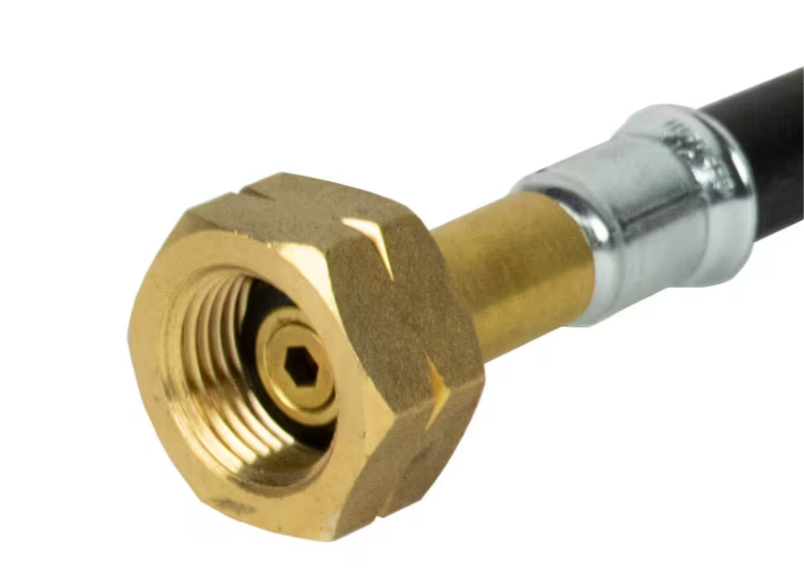 butane nut irish f valve pigtail gas hose close up