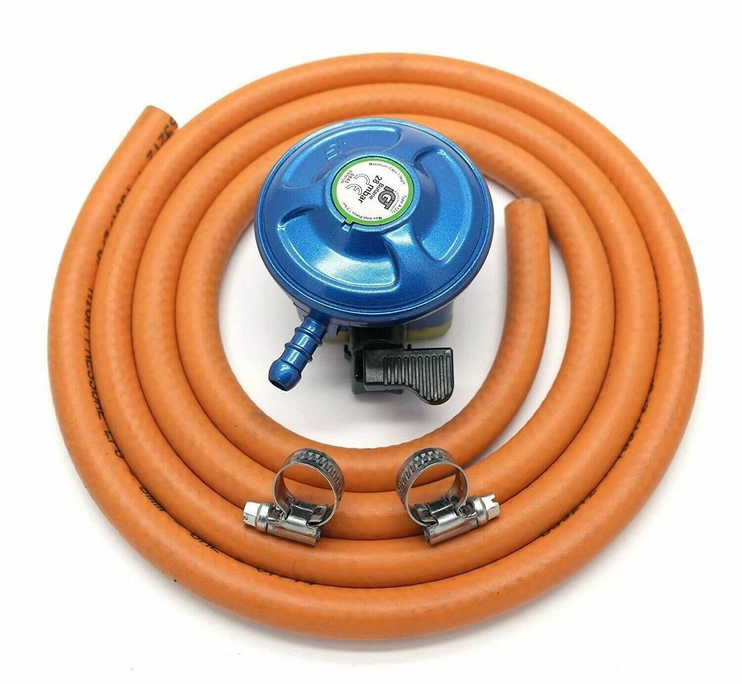 21mm gas cylinder adaptor kit complete with 2 metres of orange gas hose and two jubilee clips