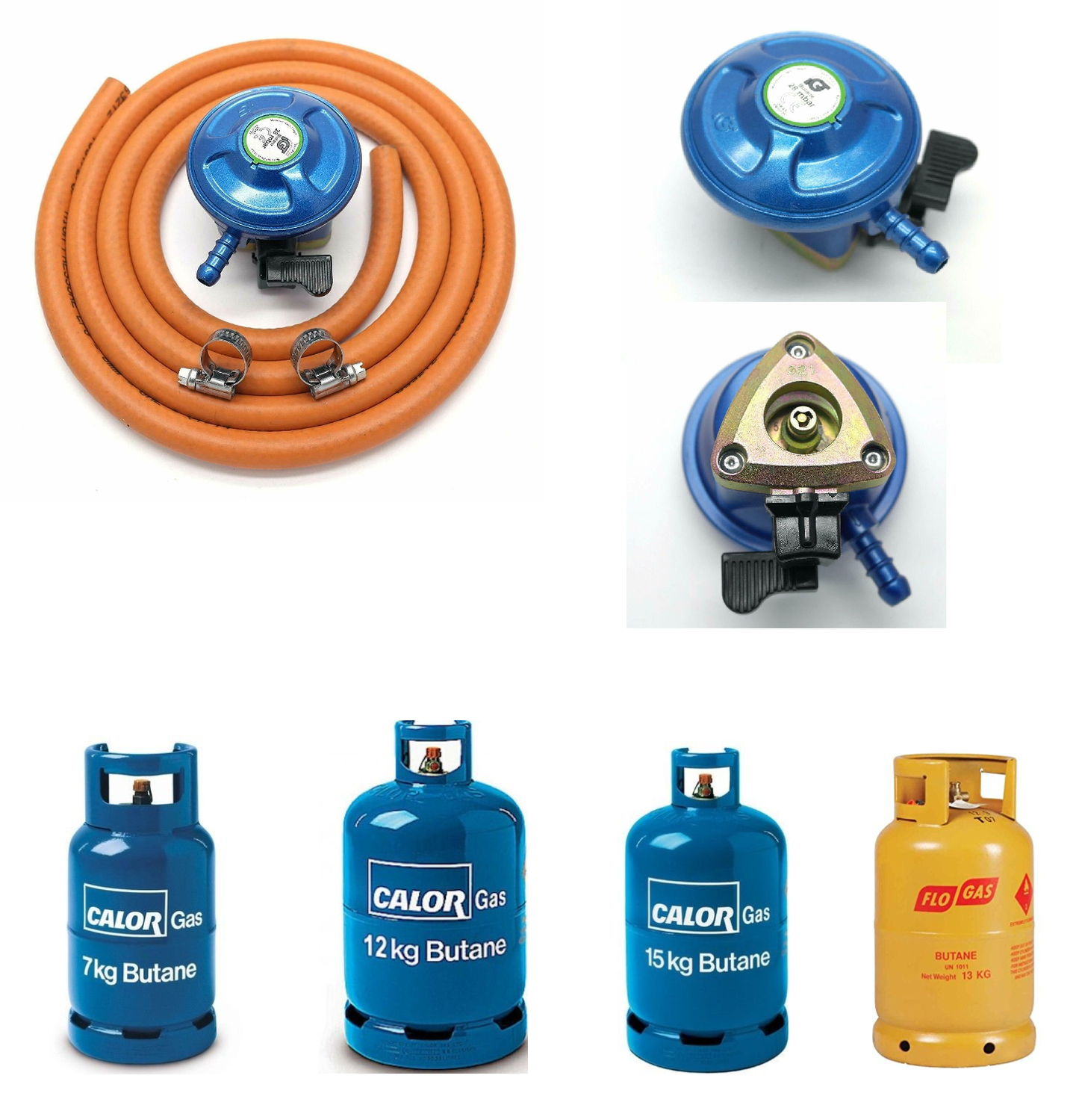 Collection of gas canisters, hoses, and regulators on a white background