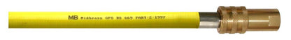 Yellow catering gas hose with brass fitting and 'MB' branding on a white background
