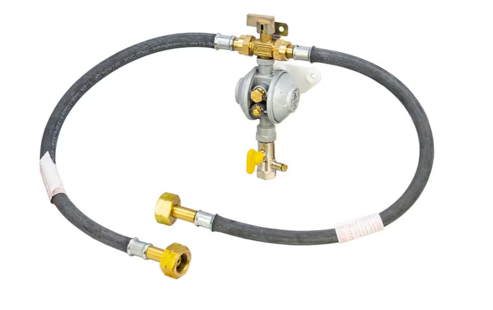 gas opso regulator with test point shut off valve and manual changeover valve fitted and two gas pigtail hoses with butane nut f valve connection ends