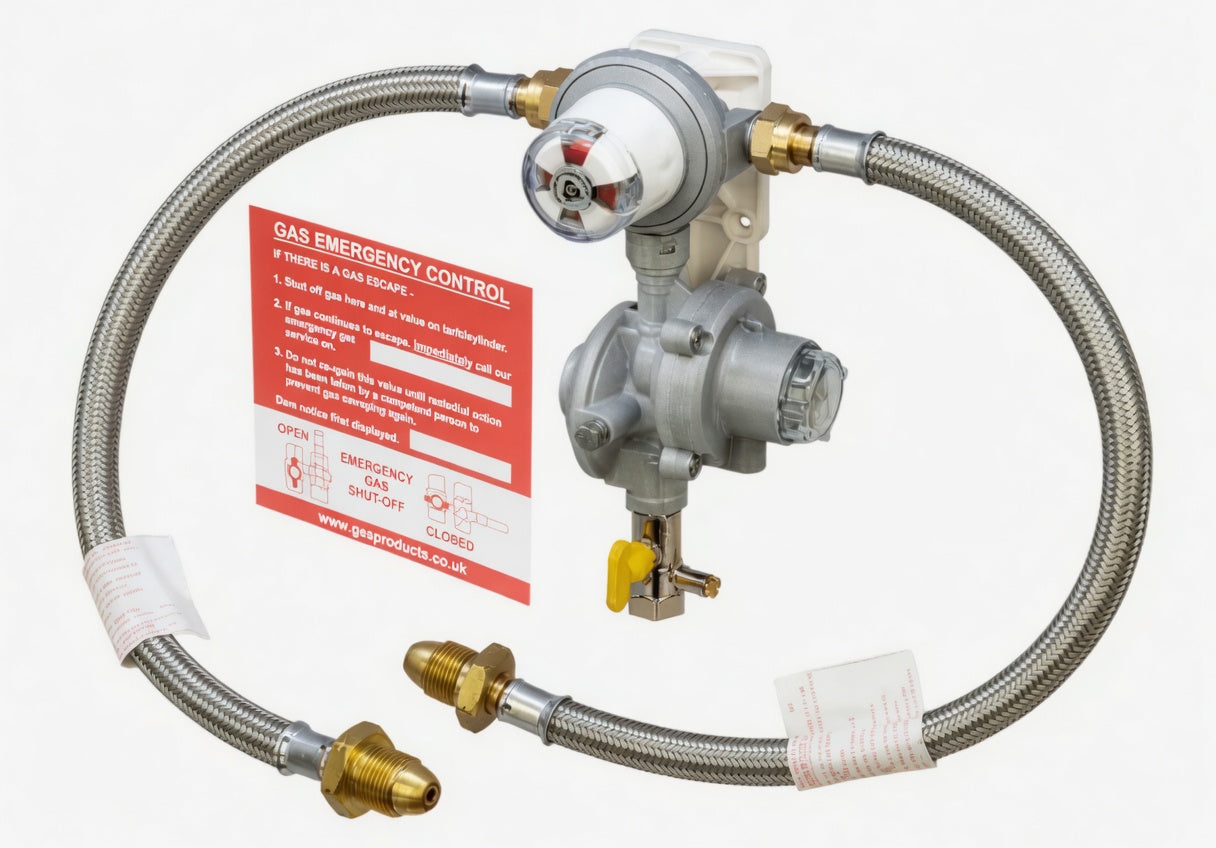 automatic changeover opso gas regulator kit with 2 braided pigtail hoses.
