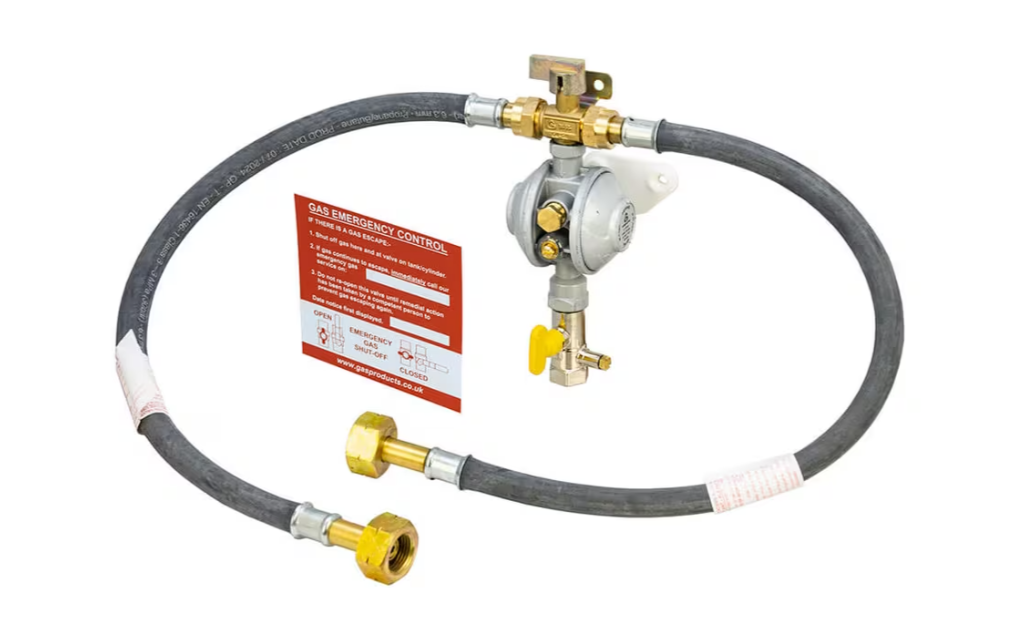 gas opso regulator with test point shut off valve and manual changeover valve fitted and two gas pigtail hoses with butane nut f valve connection ends
