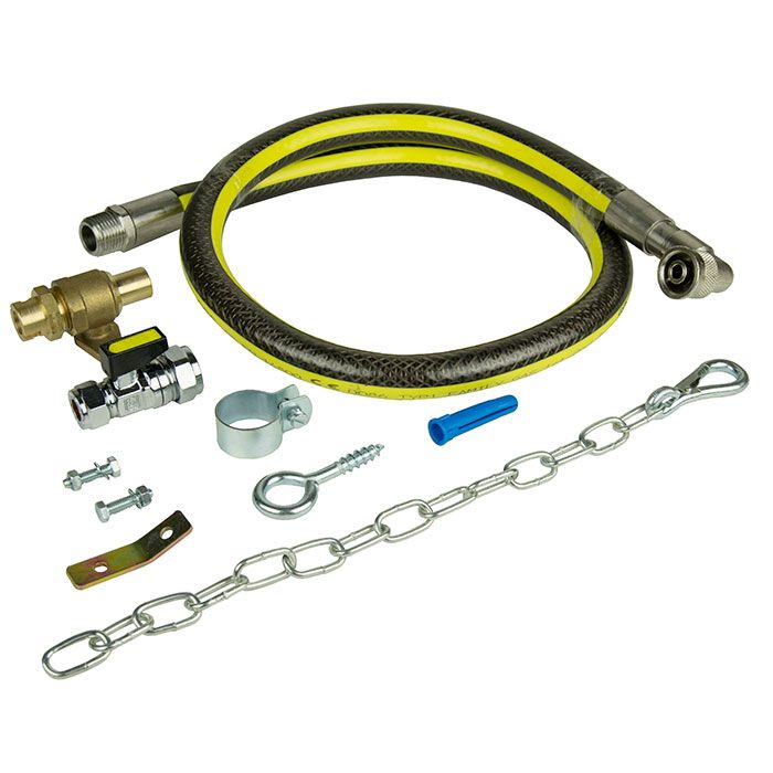 gas cooker installation kit complete with hose, backplate, micrpoint adaptor, ball valve, stability chain and fittings