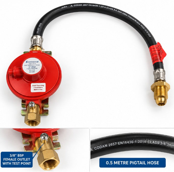 Continental 4kg/hr 37mbar Propane Gas Regulator Kit – Single Cylinder POL with Pigtail