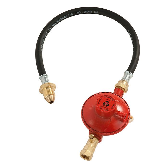 red gas regulator set up for single cylinders complete with test point and gas pigtail hose