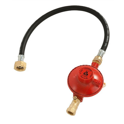 red propane gas regulator with brass test point and pigtail hose fitted