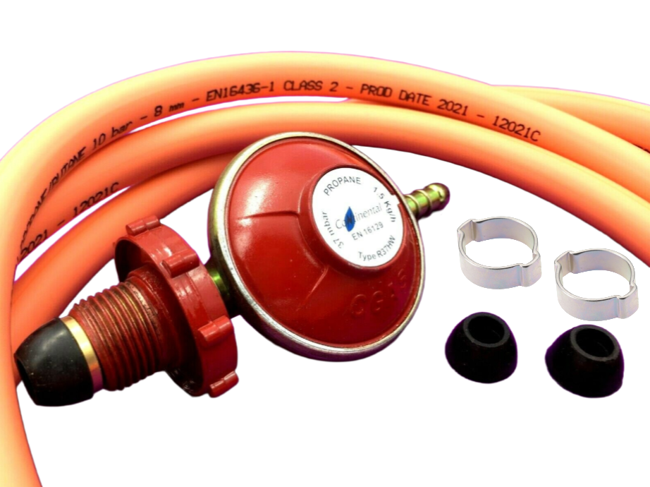 Hand Wheel Propane Regulator 37mbar + 2m 8mm LPG Hose + Oetiker Crimp Clips