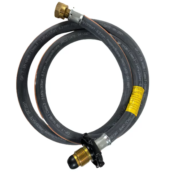 Black rubber pigtail hose with brass handwheel pol and w20 connectors on a white background
