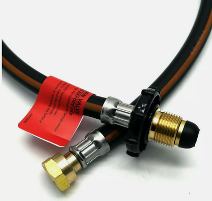 gas pigtail hose with handwheel pol and w20  connectors and a red tag on a white background