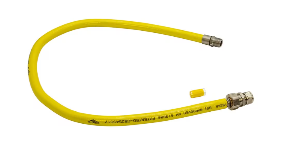 Yellow hose hobline GFS with stainless steel connections on a white background