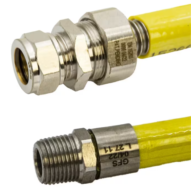 Yellow hose hobline GFS with stainless steel connections on a white background