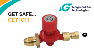 Red gas regulator with gold accents and Integrated Gas Technologies logo on a white background