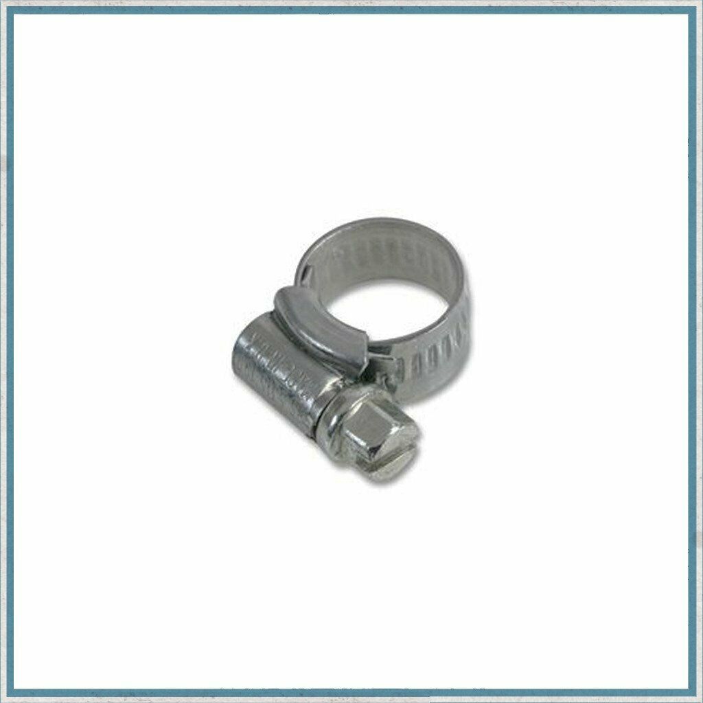 Metal hose clamp with a nut on a white background