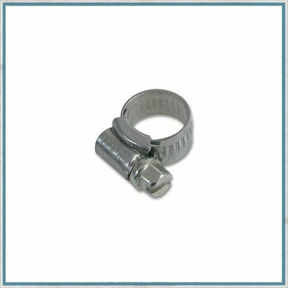 Metal hose clamp with a nut on a white background