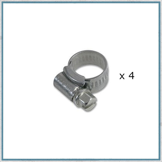 Metal hose clamp with a nut on a white background with a x4 wrote beside.