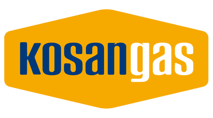 Kosangas logo with blue and white text on a yellow background