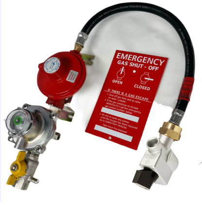 gas regulator kit with opso safety valve, pigtail hose, gas bottle adaptor and test point shut off valve