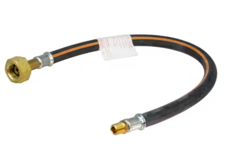 gas hose pigtail featuring butane nut / f valve and quarter inch male connection ends