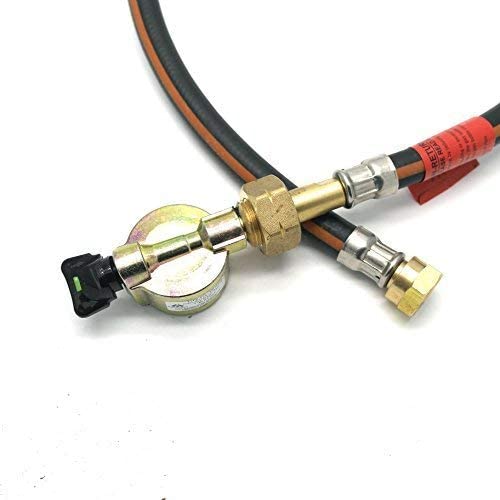 21mm gas cylinder adapter connected to a gas hose pigtail