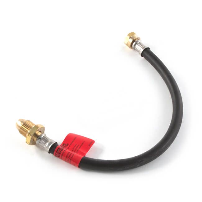 Black hose with brass connectors and a red label on a white background