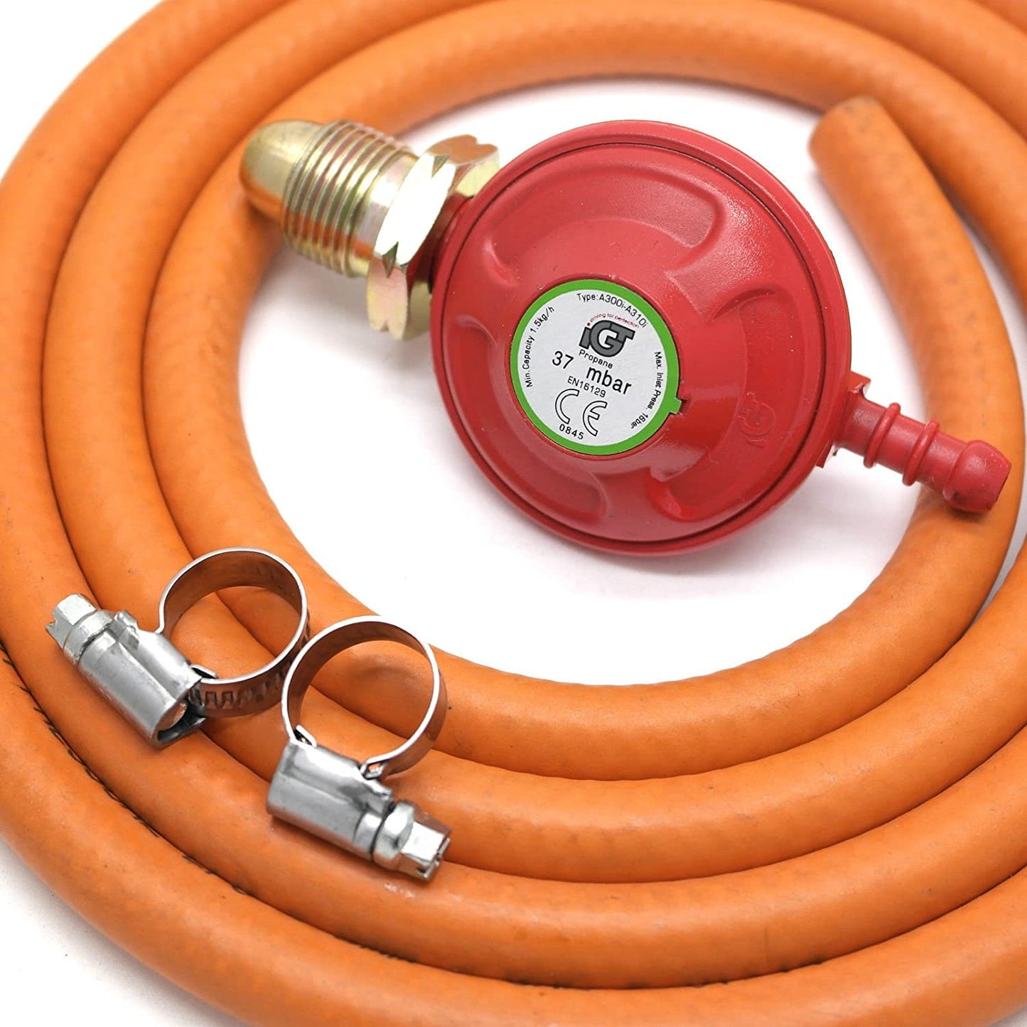 POL to 8mm gas regulator kit complete with 2 metres of gas hose and two jubilee clips