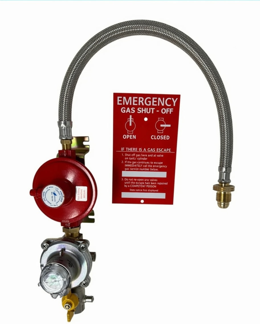 single cylinder gas regulator opso kit with braided pigtail hose and warning plaque.