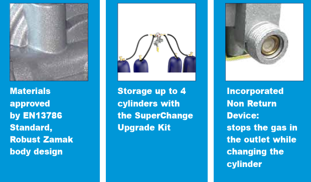 Three images with text about gas cylinder components and features on a blue background.