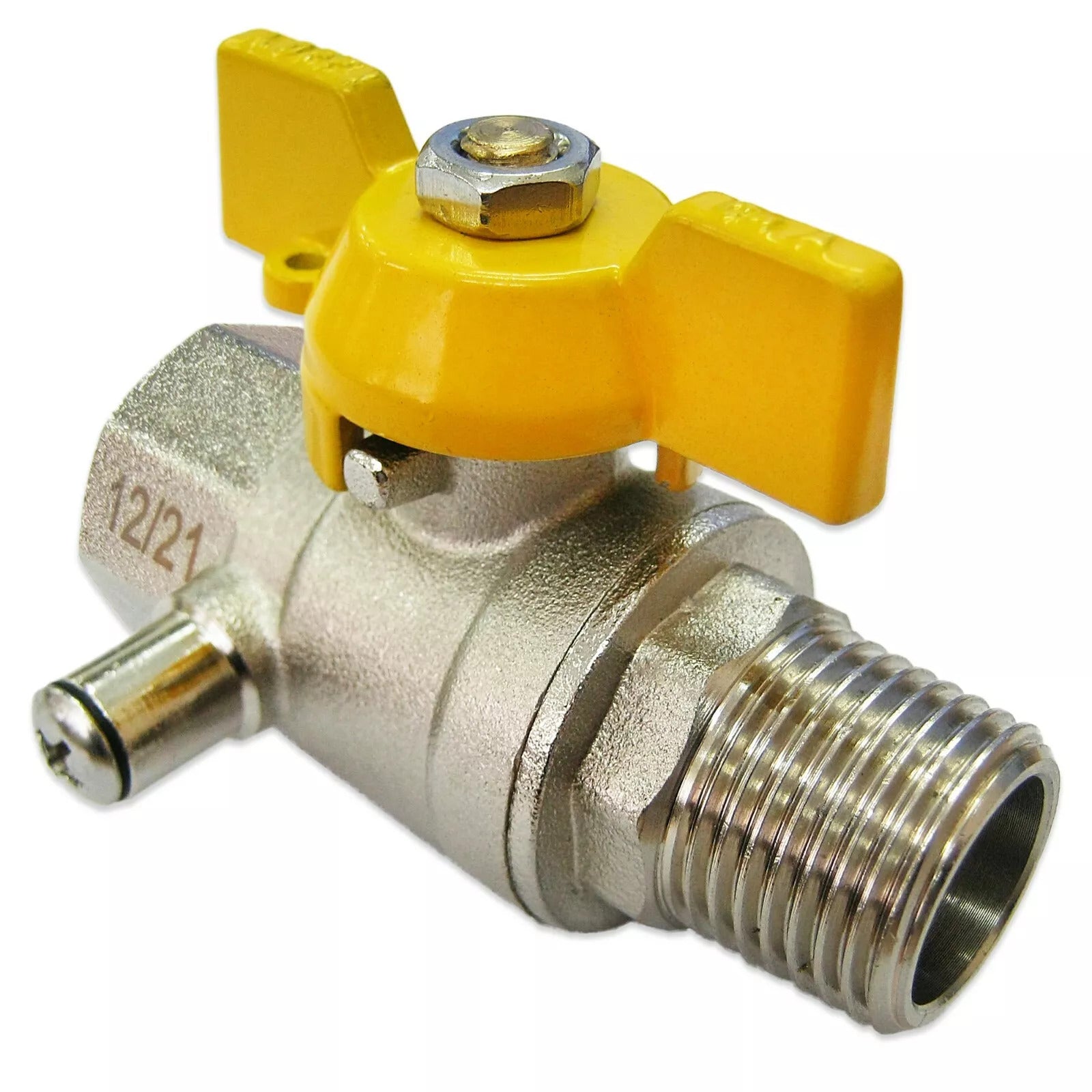 Ball valve test point with yellow handle on a white background