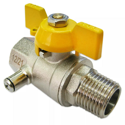 Ball valve test point with yellow handle on a white background