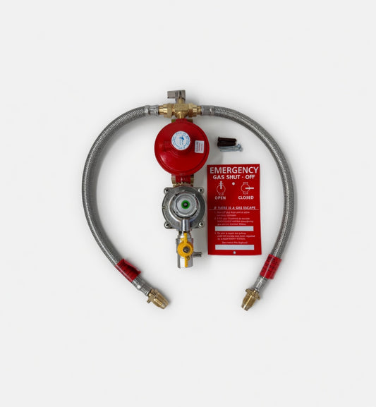 manual changeover pso gas regulator kit with 2 braided pigtail hoses.